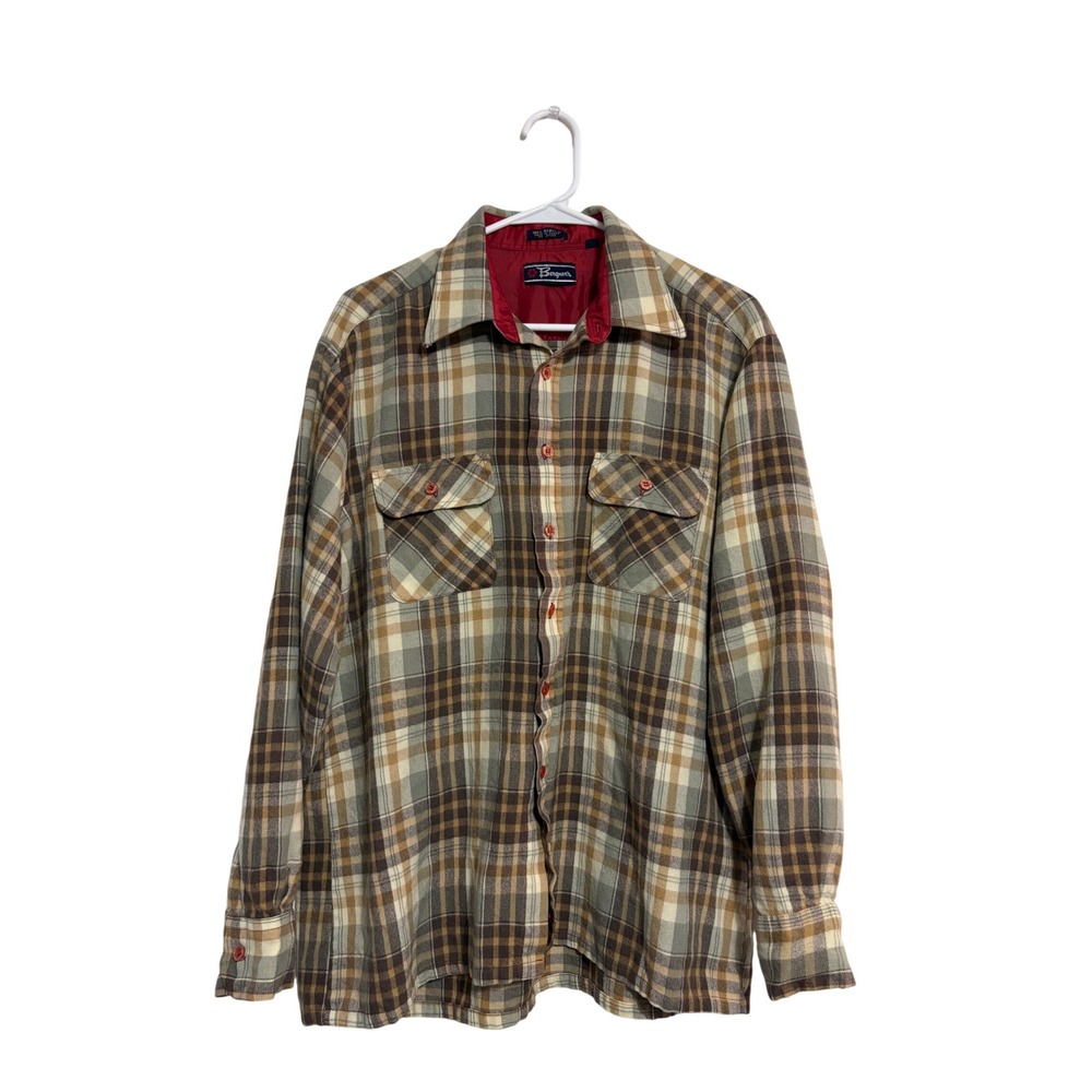 Bergner's Button Up Shirt Plaid Brown Red Contrast Lining Large Vintage Grunge L